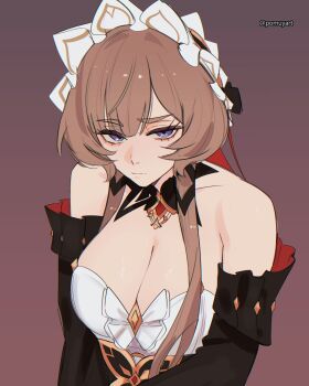 1girl alternate_breast_size_(larger) bare_shoulders black_sleeves breasts brown_background brown_hair cleavage closed_mouth commentary detached_sleeves dress english_commentary genshin_impact gradient_background highres large_breasts looking_at_viewer maid_headdress pomuya purple_eyes sandrone_(genshin_impact) short_hair_with_long_locks solo strapless strapless_dress upper_body