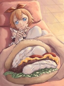 1girl 1other absurdres barusuthegoat blue_eyes burger feet_burger_(meme) foot_focus hair_ornament hair_ribbon heart heart_hands highres looking_at_viewer lying maid meme on_back orange_hair petra_leyte re:zero_kara_hajimeru_isekai_seikatsu ribbon short_hair smile toes