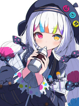 1girl black_hat black_ribbon black_shirt blunt_bangs blush closed_mouth collared_shirt commentary double-parted_bangs hair_ribbon hat heterochromia highres holding holding_spray_can jogasaki_noah long_hair long_sleeves looking_at_viewer magical_girl mahou_shoujo_no_majo_saiban multicolored_hair red_eyes ribbon sasanekomaru shirt simple_background solo spray_can streaked_hair upper_body white_background white_hair yellow_eyes