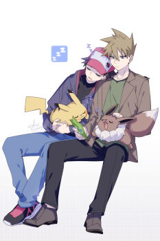 2boys 88_(einnimnech) baseball_cap black_hair black_jacket black_pants black_shirt blue_oak blue_pants brown_eyes brown_hair brown_jacket closed_eyes closed_mouth collarbone commentary_request drooling eevee gen_1_pokemon gen_4_pokemon green_shirt hat highres holding holding_phone jacket male_focus multiple_boys nintendo open_clothes open_jacket open_mouth pants phone pikachu pokemon pokemon_(creature) red_(pokemon) red_hat rotom rotom_phone shirt short_hair sleeping smile spiked_hair zzz