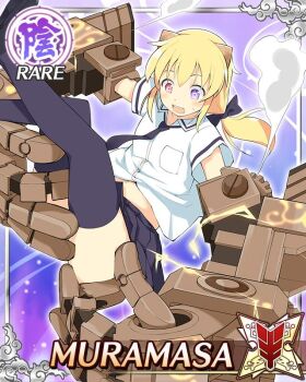 1girl android blonde_hair blue_necktie blue_skirt blue_thighhighs card_(medium) character_name doll_joints english_text flat_chest game_cg hanzou_academy_school_uniform heterochromia horns joints low_twintails mechanical_horns medium_hair midair muramasa_(senran_kagura) navel necktie official_art purple_eyes red_eyes school_uniform senran_kagura senran_kagura_new_wave shirt skirt solo steam thighhighs twintails white_shirt