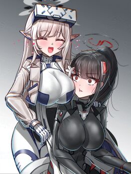 2girls :d ^_^ absurdres alternate_breast_size_(larger) black_hair blue_archive bodysuit breasts closed_eyes commentary_request goggles goggles_on_head halo heart highres himari_(armed)_(blue_archive) himari_(blue_archive) jacket korean_commentary large_breasts long_hair mole mole_under_eye multiple_girls open_mouth pointy_ears ponytail red_eyes rio_(armed)_(blue_archive) rio_(blue_archive) smile solharuu white_hair