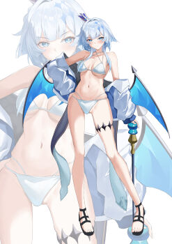 Rule 34 | 1girl, absurdres, bikini, blue eyes, blue hair, blue wings, breasts, cerydra (honkai: star rail), commentary request, crown, higashiwun izumi, highres, holding, holding scepter, honkai: star rail, honkai (series), jacket, long hair, looking at viewer, medium breasts, navel, sandals, scepter, solo, stomach, swimsuit, thigh strap, toes, white background, white bikini, white jacket, wings, zoom layer