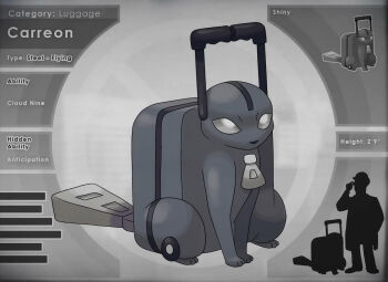 character_name eevee english_text fakemon full_body fusion gen_1_pokemon harry_gold looking_at_viewer nintendo parody pokemon pokemon_(creature) rolling_suitcase sitting solo suitcase