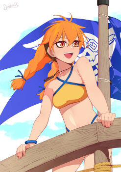 1girl :d against_railing aika_(eternal_arcadia) alternate_costume artist_name bare_arms bare_shoulders bikini blue_sky bracelet braid breasts cloud cloudy_sky collarbone commentary cowboy_shot darahan earrings english_commentary eternal_arcadia flag happy highleg highleg_bikini jewelry long_hair looking_away low-tied_long_hair medium_breasts midriff necklace open_mouth orange_eyes orange_hair pirate_ship railing rope sega sky smile solo standing swimsuit symbol-only_commentary thighs thong_bikini twin_braids
