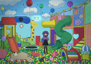 1girl absurdres analog_clock arms_behind_back ball ball_pit balloon black_bow black_bowtie black_skirt black_thighhighs bow bowtie bunting cheribon clock commentary_request exit_sign hair_bow highres indoors jirai_kei long_hair original purple_hair purple_shirt shark shark_fin shirt skirt slide solo stuffed_animal stuffed_toy suspender_skirt suspenders teddy_bear thighhighs trampoline two_side_up wide_shot zettai_ryouiki