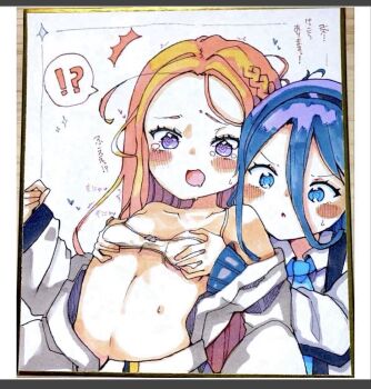 Rule 34 | !?, 2girls, @ @, aris (blue archive), bare shoulders, blue archive, blue eyes, blue hair, blue hairband, blue necktie, blush stickers, bow, bow bra, bra, braid, breasts, collarbone, collared shirt, commentary request, forehead, hairband, jacket, long hair, long sleeves, multiple girls, navel, necktie, off shoulder, open clothes, open jacket, orange hair, parted lips, photo (medium), puffy long sleeves, puffy sleeves, purple eyes, shikishi, shirt, sleeves past wrists, small breasts, small sweatdrop, spoken interrobang, sweat, te toga, traditional media, underwear, v-shaped eyebrows, white bra, white jacket, white shirt, yuri, yuzu (blue archive)