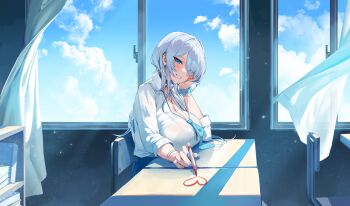 1girl absurdres alternate_costume blue_eyes blue_nails blue_ribbon blue_scrunchie blue_skirt blue_sky blush book bracelet breasts brid_(nikke) chair classroom cleavage cloud cloudy_sky collared_shirt curtains day desk ear_piercing goddess_of_victory:_nikke hair_over_one_eye hand_on_own_cheek hand_on_own_face highres holding holding_marker indoors jewelry large_breasts long_hair long_sleeves looking_at_viewer marker nankam76 necklace on_chair piercing pleated_skirt ribbon school_desk school_uniform scrunchie shelf shirt sitting skirt sky smile solo white_hair white_shirt window wrist_scrunchie
