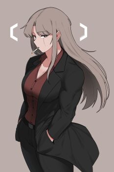 1girl absurdres belt belt_buckle black_belt black_jacket black_pants breasts buckle business_suit buttons cigarette cleavage closed_mouth collared_shirt commentary_request facial_scar formal_clothes highres jacket korean_commentary large_breasts long_hair long_sleeves muscular muscular_female oddsnail office_lady original pant_suit pants red_shirt scar scar_across_eye scar_on_cheek scar_on_face shirt solo standing suit suit_jacket wing_collar