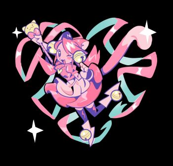 1girl :3 animal_ears apron arm_above_head arm_up bell black_background blush cat_ears cat_girl animal_nose cat_tail colored_lineart colored_skin commentary gloves gogeyama hair_bell hair_ornament heart heart_necklace heart_pendant highres holding holding_staff jewelry jingle_bell leg_up mad_mew_mew mage_staff magical_girl necklace one_eye_closed open_mouth pink_shirt pink_shoes pink_skin pink_tail ribbon shirt shoes simple_background solo solo_focus sparkle staff tail twintails undertale utdr_(toby_fox) waist_apron