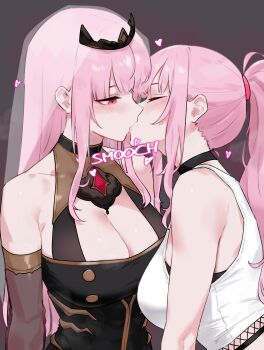 2girls absurdres black_dress bluefield blush breasts cleavage closed_eyes commentary crop_top dress dual_persona french_kiss highres hololive hololive_english kiss large_breasts long_hair mori_calliope mori_calliope_(1st_costume) mori_calliope_(streetwear) multiple_girls official_alternate_costume pink_eyes pink_hair ponytail selfcest tiara veil virtual_youtuber yuri