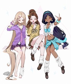 3girls aladdin_(movie) animal_print bare_shoulders barefoot beauty_and_the_beast_(disney) belle_(disney) black_hair blonde_hair book bow bowtie breasts brown_eyes brown_hair cardigan cardigan_around_waist choker cleavage clothes_around_waist dark-skinned_female dark_skin disney disney_princess earrings green_eyes gyaru gyaru_v hair_bun hair_ornament hairclip highres jasmine_(disney) jewelry leopard_print long_hair looking_at_viewer loose_bowtie loose_socks midriff multiple_girls nail_polish navel necktie ompf one_eye_closed ponytail rapunzel_(disney) scrunchie shirt simple_background socks tangled v v_over_mouth very_long_hair white_background wrist_scrunchie