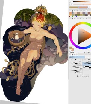 1girl art_program_in_frame baby_animal bird blonde_hair blush bottle breasts bucket chick chicken clip_studio_paint color_wheel commentary completely_nude cup eggshell full_body grass highres kajatony looking_at_viewer medium_breasts mouth_hold multicolored_hair navel niwatari_kutaka no_nipples nude onsen orange_eyes ponytail red_hair saucer screencap short_ponytail sitting_on_water solo touhou two-tone_hair user_interface water white_hair wooden_bucket