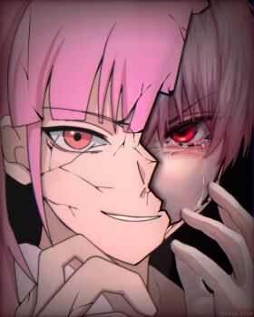 1boy 1girl artist_name brother_and_sister crack crying crying_with_eyes_open dual_persona knip_1160 li_tianchen li_tianxi long_hair looking_at_viewer multiple_girls pink_eyes pink_hair red_eyes shiguang_dailiren short_hair siblings smile smirk split_theme tears teeth twitter_username virtual_youtuber