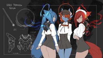 3: 3girls absurdres animal_ears ass blue_eyes blue_hair blue_skin bolo_tie brown_eyes colored_skin cone_hair_bun energy_wings english_text fox_ears fox_tail frilled_hairband frills frown hair_bun hair_over_one_eye hairband halo high-waist_skirt highres juliet_sleeves less long_hair long_sleeves looking_at_viewer miniskirt multiple_girls one_eye_covered orange_eyes original puffy_sleeves red_eyes red_hair shirt short_hair skirt smile tail twintails very_long_hair white_shirt