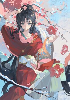 1girl absurdres arm_up black_hair blue_eyes blue_sky branch chinese_clothes chinese_paper-cut facial_mark feet_out_of_frame flower forehead_mark hands_up hanfu hat_on_back highres long_hair looking_at_viewer paper_heron papercutting plum_blossoms red_flower red_hanfu reverse:1999 sitting sky smile snow solo tsu_(77413922) very_long_hair weimao
