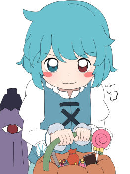 1girl amezake_(amezake2525) blue_eyes blue_hair blue_skirt blue_vest halloween halloween_bucket heterochromia highres juliet_sleeves karakasa_obake long_sleeves puffy_sleeves pumpkin purple_umbrella red_eyes shirt skirt tatara_kogasa touhou trick-or-treating trick_or_treat umbrella vest white_background white_shirt