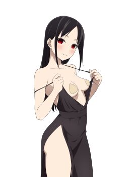 1girl absurdres black_dress black_hair breasts closed_mouth clothes_pull coro_fae dress dress_pull hair_down highres kaguya-sama_wa_kokurasetai_~tensai-tachi_no_renai_zunousen~ looking_at_viewer pasties red_eyes shinomiya_kaguya side_slit simple_background small_breasts smile solo white_background