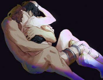 2boys arcane:_league_of_legends arcane_jayce arm_up back_brace black_background brown_hair commentary completely_nude couple entangled feet_out_of_frame hand_on_another's_arm hand_on_another's_head hashtag-only_commentary head_on_another's_shoulder highres hug jayce_(league_of_legends) league_of_legends leg_brace male_focus mintothesoul multiple_boys nude simple_background viktor_(arcane) viktor_(league_of_legends) yaoi