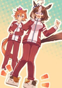 Rule 34 | 2girls, :o, ahoge, animal ears, animal slippers, brown hair, cat slippers, commentary request, full body, gradient background, green background, hair between eyes, hand on own chin, hands up, highres, horse ears, horse girl, horse tail, jacket, knees together feet apart, long sleeves, meisho doto (umamusume), multicolored hair, multiple girls, nnmkmwakaranai, open mouth, orange hair, pants, parted lips, purple eyes, red jacket, red pants, short hair, slippers, standing, t.m. opera o (umamusume), tail, tracen training uniform, track jacket, twitter username, two-tone background, two-tone hair, umamusume, white hair, yellow background