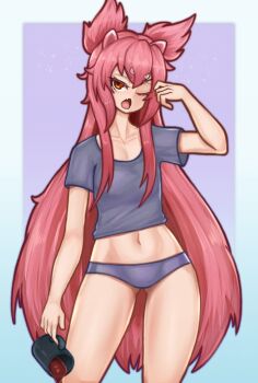 1girl 2023 animal_ears arc_system_works arm_at_side arm_up ass blazblue blue_background blue_panties blue_shirt blush border breasts casual cat_ears cat_girl coffee coffee_mug commentary contrapposto cowboy_shot cup english_commentary eyebrows_hidden_by_hair facial_mark fang female_focus forehead_mark gluteal_fold gradient_background hair_over_shoulder highres kokonoe_(blazblue) long_hair messy_hair midriff mug nerosynt one_eye_closed open_mouth panties pink_hair red_eyes shirt short_sleeves simple_background slit_pupils small_breasts solo spilling standing thighhighs tongue underwear very_long_hair yawning