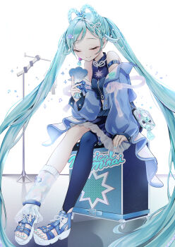 1girl absurdres aqua_nails blue_skirt braid braided_hair_rings closed_eyes closed_mouth crop_top earrings fei_cha hair_rings hatsune_miku heart heart_earrings highres holding holding_microphone jewelry long_hair long_sleeves magical_mirai_(vocaloid) magical_mirai_miku magical_mirai_miku_(2025) microphone microphone_stand nail_polish official_alternate_costume official_alternate_hairstyle single_earring single_thighhigh sitting skirt smile solo thighhighs toenail_polish toenails twintails very_long_hair vocaloid
