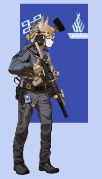1girl absurdres ammunition_pouch animal_ear_fluff animal_ears assault_rifle belt black_boots blonde_hair blue_archive blue_halo blue_suit boots bulletproof_vest combat_helmet commentary_request eotech formal_clothes fox_ears fox_girl furrowed_brow gloves gun h&amp;k_hk416 h&amp;k_usp halo handgun handle headphones helmet highres holding holding_gun holding_weapon holster id_card kanna_(blue_archive) korean_commentary laser_sight looking_around microphone military military_combat_uniform military_uniform night_vision_device odi original pouch rifle solo standing suit suppressor tactical_clothes trigger_discipline weapon yellow_gloves