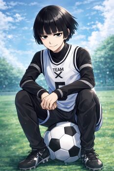 Rule 34 | 1boy, ball, black eyes, black hair, blue lock, chihiro ezaki, footballer, soccer, soccer ball, soccer uniform, sportswear