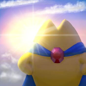 blue_cape blue_sky cape cloud commentary day dc_comics derivative_work english_commentary gem hands_on_own_hips kirby_(series) nintendo no_humans parody poyodreamer24073 red_gemstone sky solo starman_(kirby) sun superman_(series)