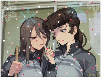 2girls brown_eyes brown_hair commentary_request girls_und_panzer green_eyes heart jacket katsuoboshi long_hair mika_(girls_und_panzer) multiple_girls parted_lips partial_commentary pompadour track_jacket yuri_(girls_und_panzer)
