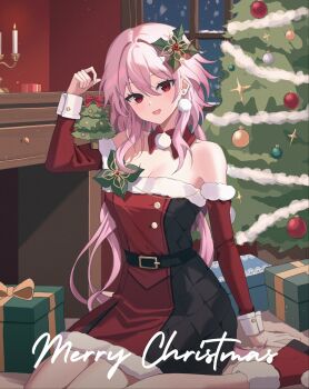 1girl :d alternate_costume belt box breasts buttons candle christmas_ornaments christmas_tree cleavage detached_collar detached_sleeves dress earrings evernight_(honkai:_star_rail) gift gift_box hair_between_eyes hair_ornament hashtag-only_commentary highres honkai:_star_rail honkai_(series) indoors jewelry light_blush long_hair march_7th_(honkai:_star_rail) medium_breasts open_mouth pink_hair pyeonhwa_07 red_eyes sidelocks single_earring sleeve_cuffs smile