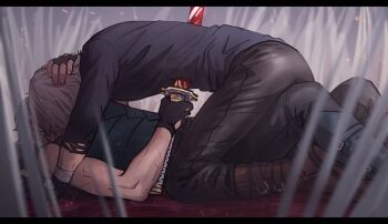 2boys black_pants black_shirt boots brothers brown_boots dante_(devil_may_cry) devil_may_cry_(series) devil_may_cry_5 donlemefo hair_slicked_back hand_on_another&#039;s_head highres holding holding_sword holding_weapon impaled injury letterboxed long_sleeves lying male_focus multiple_boys on_back pants shirt short_hair siblings sword twins vergil_(devil_may_cry) vest violence weapon white_hair