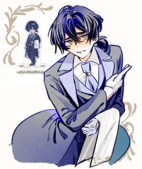 Rule 34 | 1boy, alternate costume, black eyes, black hair, butler, chibi, cowboy shot, gloves, highres, holding napkin, limbus company, looking at viewer, male focus, napkin, necktie, project moon, purple necktie, short hair, side ponytail, solo, waffle fish, white gloves, yi sang (project moon)