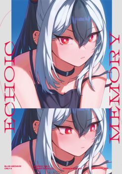 1girl aoore_x64 black_camisole black_choker black_hair blue_archive camisole character_name chinese_commentary choker collarbone commentary_request copyright_name cover cover_page ear_piercing english_text grey_hair hair_between_eyes highres kayoko_(blue_archive) looking_at_viewer multicolored_hair multiple_views piercing red_eyes twitter_username two-tone_hair v-shaped_eyebrows