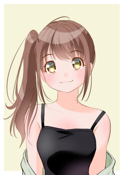 Rule 34 | 1girl, black camisole, border, brown hair, camisole, eyelashes, green eyes, grey background, looking at viewer, off shoulder, original, outside border, side ponytail, smile, solo, upper body, white border, yamanaka kouji (yanchiki2001)