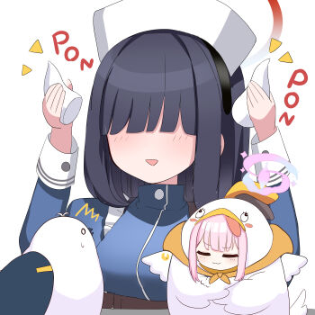 2girls bird bird_costume black_hair blue_archive blunt_bangs commentary_request faceless faceless_female fake_horns hairband halo hat horns horns_removed justice_task_force_member_(blue_archive) long_hair long_sleeves looking_at_another medical_emergency_club_member_(blue_archive) mika_(blue_archive) multiple_girls nurse nurse_cap o_(rakkasei) peroro_(blue_archive) pink_hair sidelocks simple_background size_difference smile smug white_background yellow_eyes