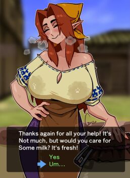 Rule 34 | 1girl, apron, bandana, bare shoulders, blush, breasts, closed eyes, female focus, gonzo (jgonzohasbigdum), hand on own hip, heart, highres, lactation, lactation through clothes, large breasts, long hair, malon, milk, nintendo, pointy ears, red hair, sagging breasts, solo, steam, sweat, the legend of zelda, the legend of zelda: ocarina of time