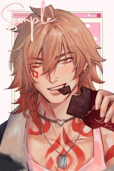 Rule 34 | 1boy, blonde hair, breasts, candy, chest tattoo, chocolate, chocolate bar, commentary, earrings, facial tattoo, food, food in mouth, highres, holding, holding chocolate, holding food, honkai: star rail, honkai (series), jewelry, looking at viewer, male focus, medium breasts, mydei (honkai: star rail), nokkusuart, red tattoo, sample watermark, smile, solo, tattoo, twitter username, upper body, watermark, yellow eyes