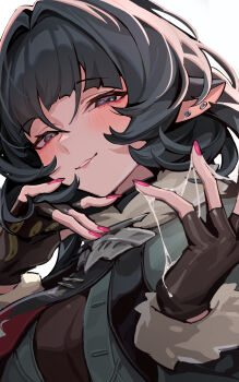 1girl absurdres abuwei_shenshijun animal_ears aqua_eyes black_gloves black_hair blush commentary cum cum_string fingerless_gloves fingernails fur-trimmed_jacket fur_trim gloves grey_jacket hair_intakes highres jacket jane_doe_(zenless_zone_zero) long_hair looking_at_viewer mouse_ears mouse_girl nail_polish red_nails sexually_suggestive simple_background smile solo suggestive_fluid symbol-only_commentary white_background zenless_zone_zero