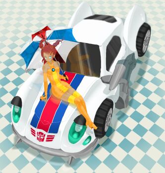 1girl blue_eyes boots car dark-skinned_female dark_skin dress elbow_gloves female_focus full_body gloves high_heel_boots high_heels jazz_(transformers) motor_vehicle race_queen red_hair sari_sumdac sitting solo thigh_boots thighhighs transformers transformers_animated umbrella