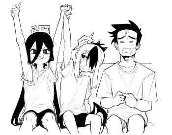 1boy 2girls arms_up asahina_yoshitoshi blue_archive closed_eyes controller game_controller greyscale hair_between_eyes halo holding holding_another's_wrist holding_controller holding_game_controller horns kayoko_(blue_archive) kei_(blue_archive) long_hair monochrome multiple_girls open_mouth playing_games rectangular_halo sensei_(blue_archive) shirt short_sleeves shorts single_wing sitting smile very_long_hair wings