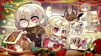 4girls artist_request bell blonde_hair brown_eyes brown_hair candy candy_cane character_request chibi christmas_ornaments christmas_stocking christmas_tree closed_mouth commentary_request copyright_notice drawing_(object) dress food fork fur-trimmed_headwear fur_trim grey_hair hat holding holding_magnifying_glass holding_paper holding_pencil holding_smoking_pipe magnifying_glass multiple_girls musical_note paper pencil pink_eyes pointy_ears red_dress red_hat santa_hat shovel silver_and_blood smoking_pipe snowman star_(symbol) unworn_hat unworn_headwear