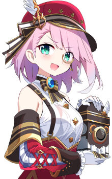 1girl :d aqua_eyes bare_shoulders breasts brooch camera charlotte_(genshin_impact) commentary detached_sleeves doyagao e.o. genshin_impact gloves hat highres holding holding_camera jewelry long_sleeves looking_at_viewer monocle open_mouth pink_hair red_hat shirt short_hair simple_background small_breasts smile smug solo suspenders upper_body v-shaped_eyebrows white_background white_gloves white_shirt