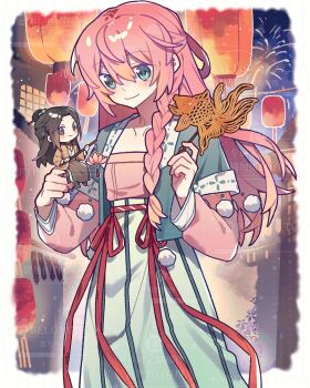 Rule 34 | 1boy, 1girl, aerial fireworks, aqua eyes, beizi (clothing), black eyes, black hair, blush, braid, chibi, chinese clothes, chinese food, fireworks, food, green eyes, hanfu, highres, holding, lantern, long hair, long sleeves, looking at viewer, night, non-web source, original, pink hair, smile, tanghua, yiyang yuli