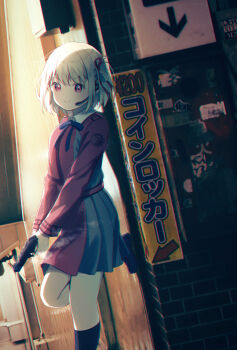 1girl absurdres awomomiji blue_ribbon bob_cut closed_mouth collared_dress commentary_request dress film_grain foot_against_wall foot_out_of_frame gun handgun headset highres holding holding_gun holding_weapon indoors leg_up long_sleeves looking_at_viewer lycoris_recoil lycoris_uniform neck_ribbon nishikigi_chisato one_side_up photo_background pleated_dress red_dress red_eyes ribbon short_hair smile solo standing standing_on_one_leg two-tone_dress weapon white_hair wing_collar