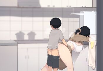 1boy 1girl age_difference akiyama_minato_(pepper0) akiyama_yuko_(pepper0) arms_up black_hair black_shorts bra breasts brown_shirt brown_skirt cabinet clothes_lift clothes_pull cooking_pot from_behind grabbing_another's_waist grey_shirt hetero incest kitchen large_breasts mother_and_son motion_lines onee-shota original pants pants_pull pepper0 ponytail scrunchie sex sex_from_behind shirt shirt_lift short_hair shorts shota skirt skirt_lift standing standing_sex t-shirt towel underwear white_bra