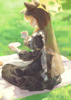 1girl absurdres alternate_costume animal_ears apron back_bow black_dress black_veil blonde_hair blue_archive bow braid closed_mouth commentary cup dress english_commentary eshineko from_side halo highres holding holding_cup long_hair maid_apron mari_(blue_archive) outdoors picnic picnic_blanket see-through_clothes see-through_veil seiza single_braid sitting smile solo tea teacup veil white_bow yellow_halo