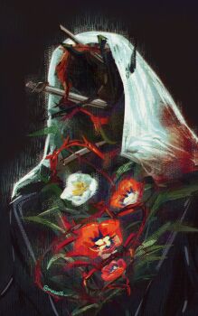 1boy black_background black_coat charon_(reverse:1999) coat flower highres male_focus object_head poppy_(flower) red_flower reverse:1999 solo thorns twitter_username upper_body veil watariri white_flower white_veil