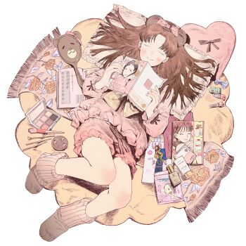 1girl bloomers brown_hair closed_eyes closed_mouth commentary_request cosmetics egashira_mika frilled_pillow frills full_body hair_spread_out highres holding holding_magazine long_hair lying magazine_(object) makeup_brush makeup_palette on_back parted_bangs pillow pink_shirt shirt skip_to_loafer smile socks solo tanzao underwear