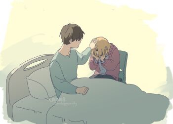1boy 1girl bed blonde_hair brown_hair chair criteria faceless facing_another grey_shirt hand_on_another&#039;s_head hand_on_own_face highres hospital_gown lee_gilyoung omniscient_reader&#039;s_viewpoint pink_sweater shin_yoosung shirt short_hair sitting sweater under_covers